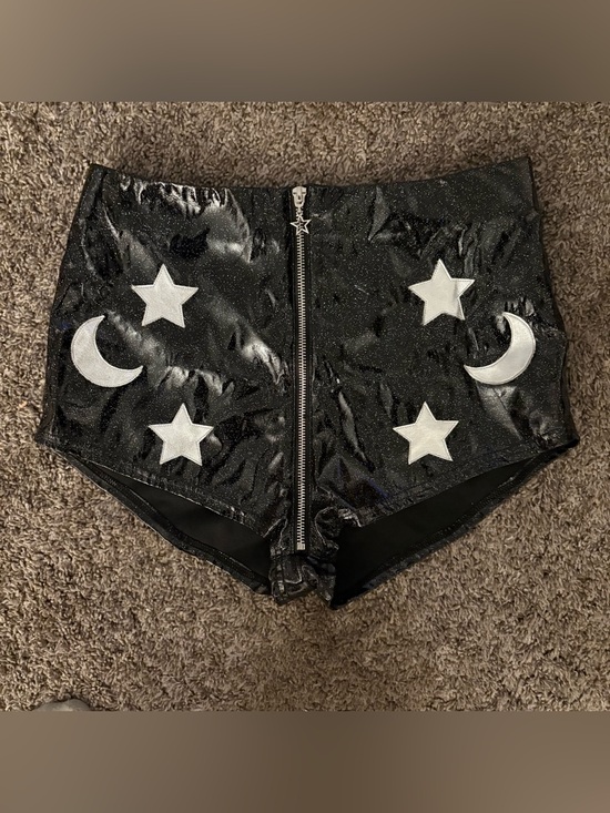 Current Mood Pants - Current mood Shimmery Black High-Waist Shorts with Silver Moon & Star Appliqués